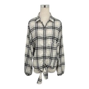 American Eagle Women's Tie-Front Flannel Cream w/ Black Plaid Oversized Size M